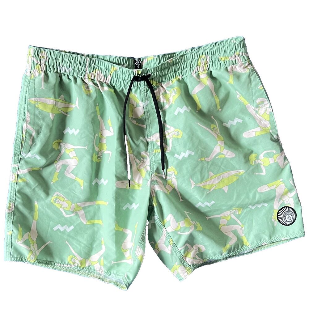 Volcom Mens Swim Trunks L Mint Green Graphics Pockets
